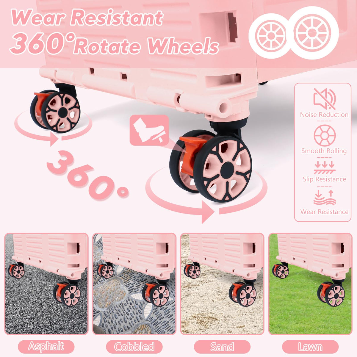 FELICON SELORSS Folding Utility Cart Rolling Crate Tote Basket Box Storage Handcart on 4 Swivel Wheels with Adjustable Handle Extended Magnetic Lid for Teacher Move Shop Travel Grocery Office(Pink)