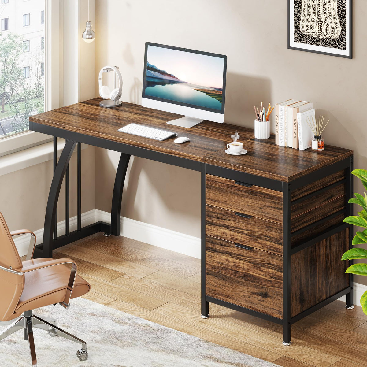 Tribesigns Computer Desk with 3 Drawers, 59-Inch PC Desk with Reversible Drawers, Industrial Study Writing Table Workstation with File Storage for Home Office, Rustic Brown