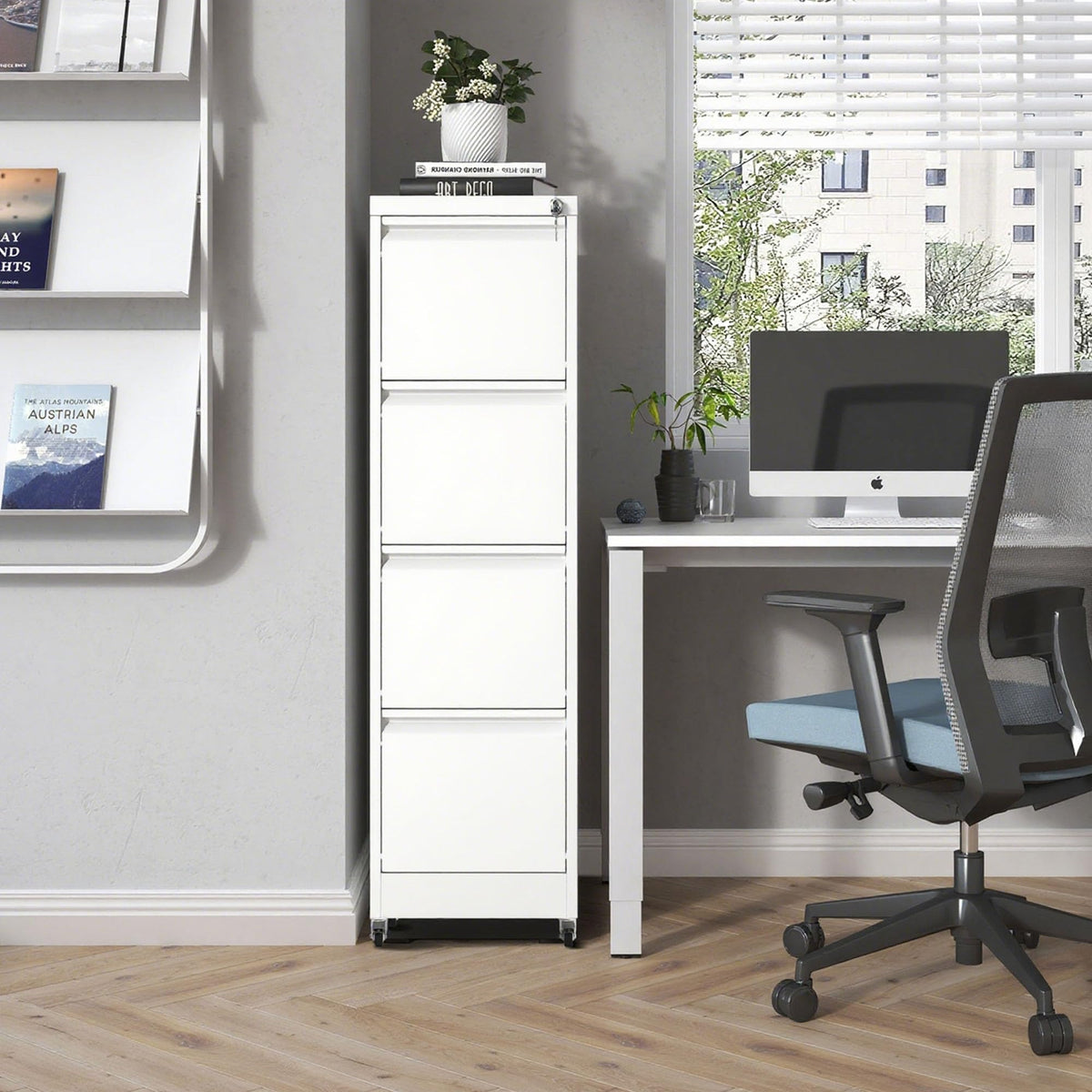 FOSTOKO File Cabinet with Lock, 4 Drawers Filing Cabient with Wheel, Steel Vertical Filing Storage Cabinet for Home Office, Heavy-Duty File Cabinets for Letters/Legal/A4 (Require Assembly, White)