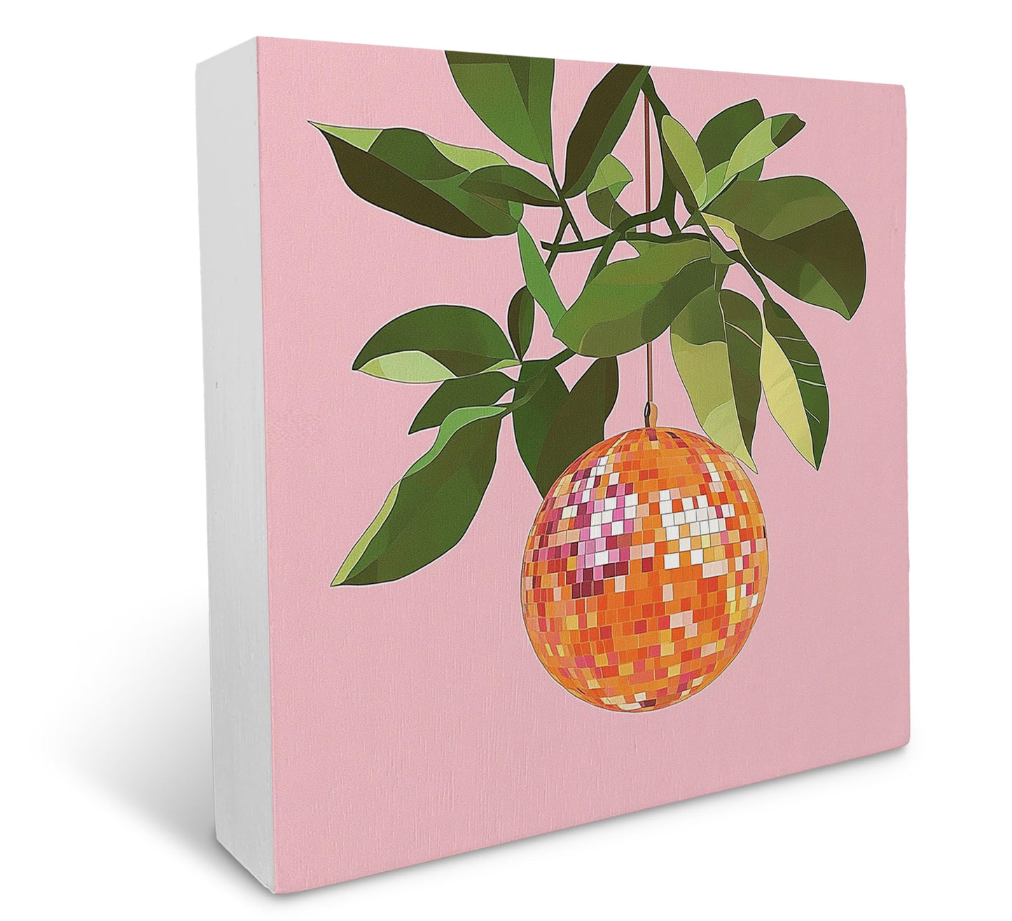 Ku-Dayi Preppy Orange Disco Ball Wooden Box Sign, Funky Disco Ball Wood Box Decorations for Girls Room Home Office, Pink Fruit Mirror Balls Wooden Block Plaque Desk Shelf Decor 5x5 Inch