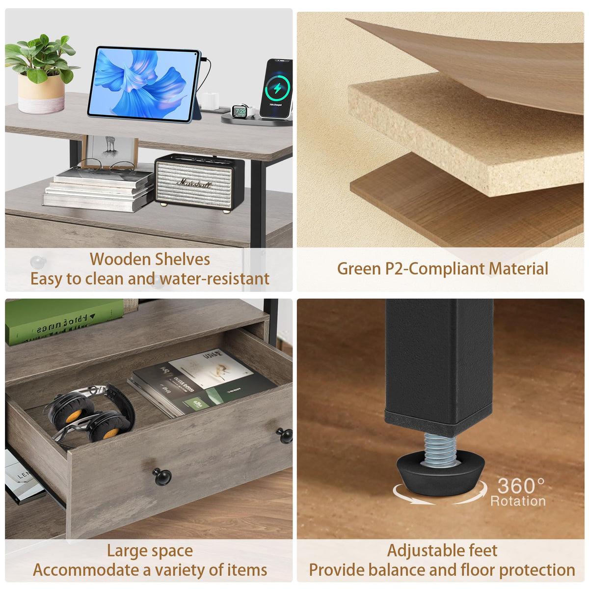 Edbuosy 27 Inch Wide Night Stand with Charging Station, Wood Nightstand with Open Shelf, Large Drawer Bedside Table for Living Room/Bedroom/Office (Rustic Gray)