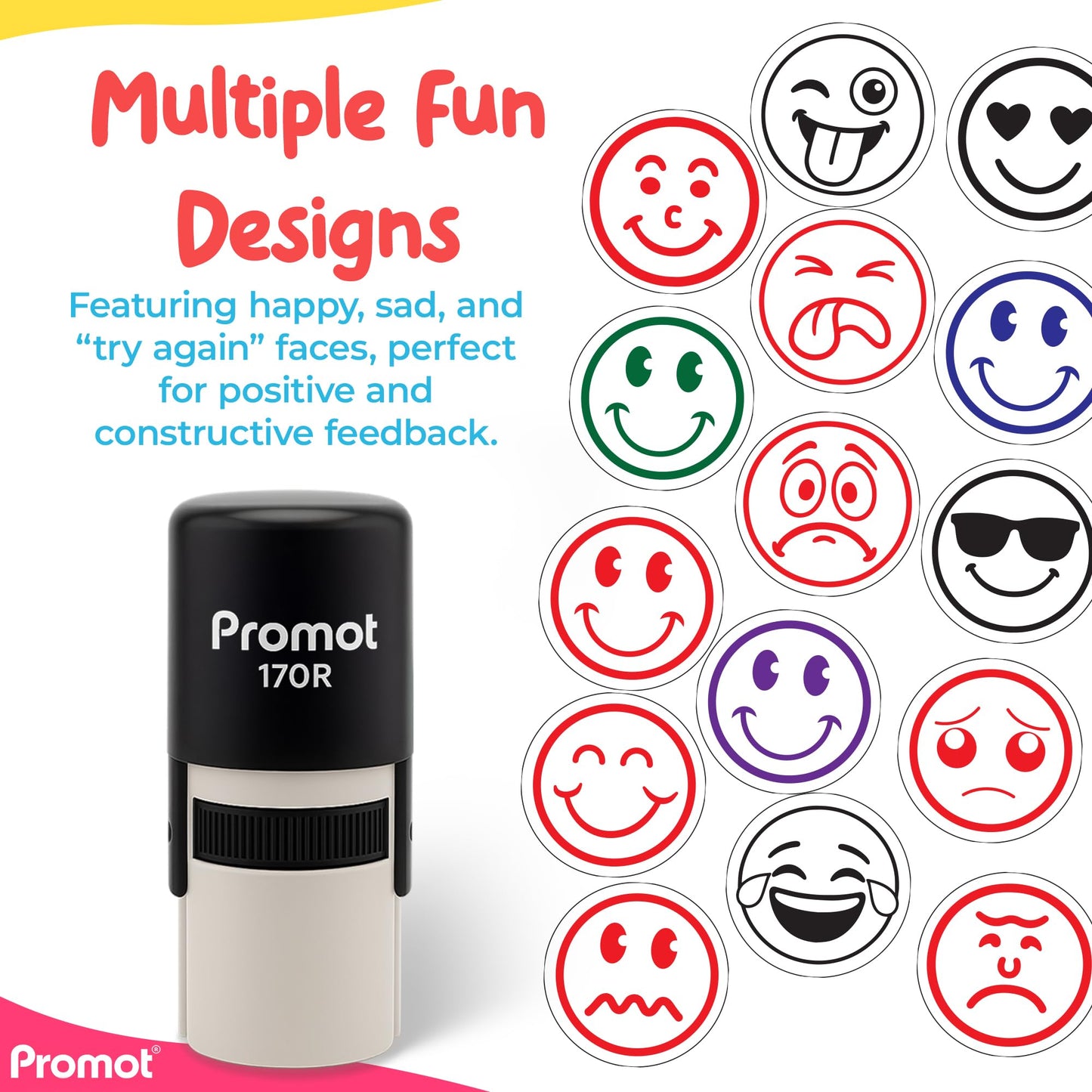 Promot - Self-Inking Stamps for Teachers, Round Rubber Stamp for Grading & Feedback, Quick-Dry Ink Stamps, Clear Imprint, Refillable Classroom Stamp & No-Mess Design (Smiley Red)