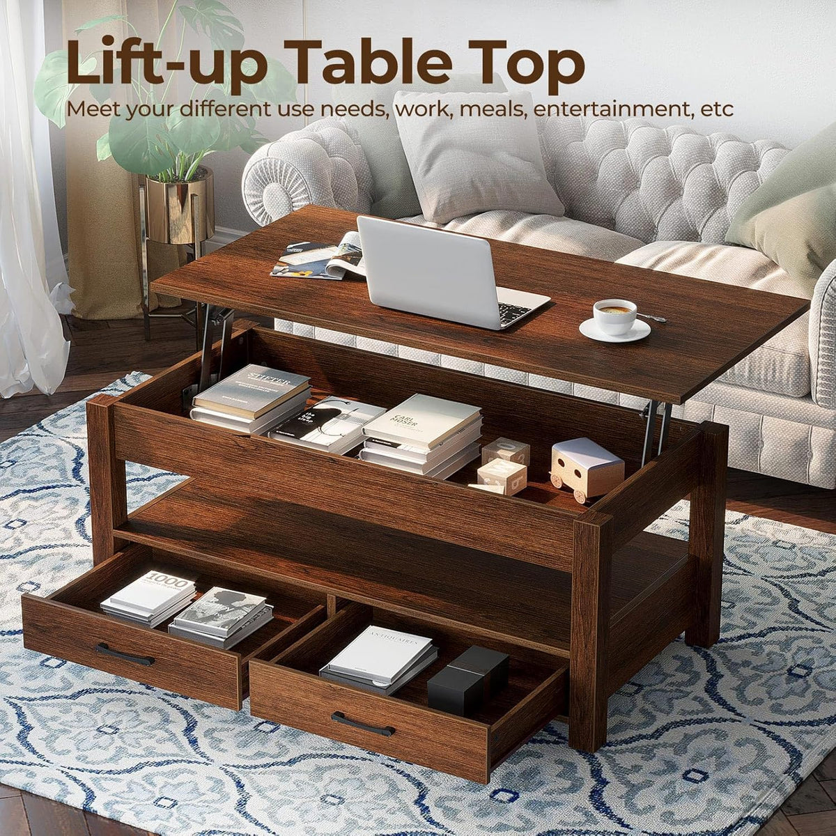 Rolanstar Coffee Table, Lift Top Coffee Table with Drawers and Hidden Compartment, Retro Central Table with Wooden Lift Tabletop, for Living Room,Espresso