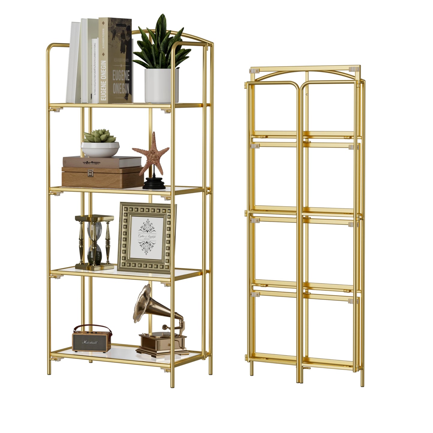 Crofy No Assembly Folding Bookshelf for Living Room, 4 Tier Gold Collapsible Book Shelf for Home Office, Portable Bookcase Storage Organizer
