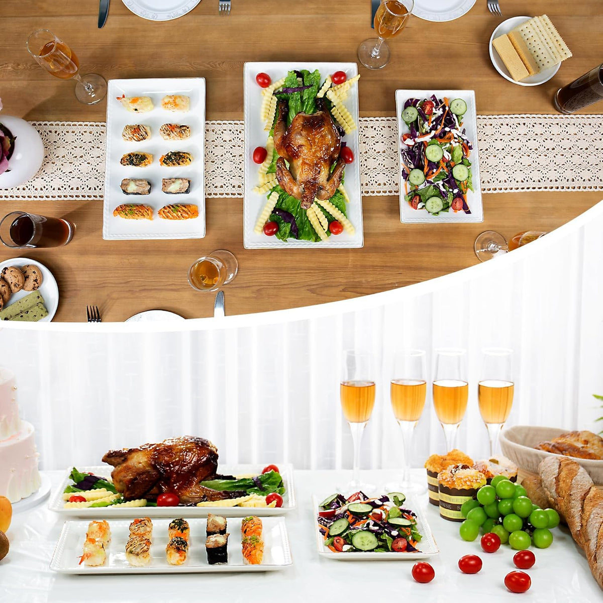 Kassel Ceramic Serving Platter Set | 16”/14”/12” Rectangular Serving Trays for Entertaining at Parties and Weddings | Oven Safe Extra Large Serving Trays for Tacos, Steak, and Cake