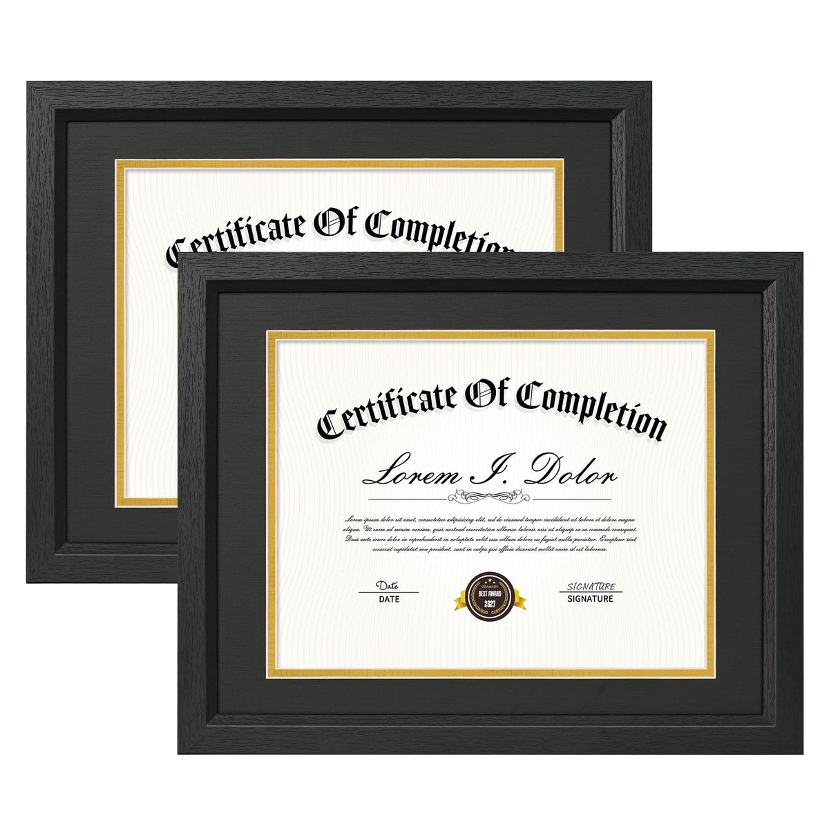 Decobility 8.5x11 Diploma Frame with Black Gold Double Mats, 11x14 Picture Frame Matted for 8.5 by 11 Document, Wall & Tabletop Display Certificate Frame with Tempered Real Glass, Black, Set of 2