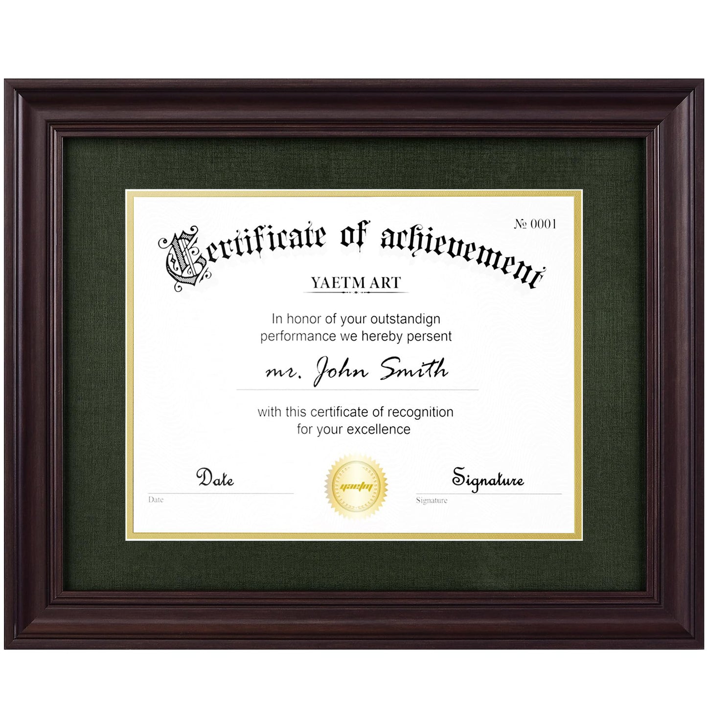 Yaetm 11x14 Diploma Frame, Certificate Frame with Tempered Glass, Display 8.5x11 Document with Dark Green Over Gold Acid-free Mat or 11 x 14 without Mat, Wide Molding (Single, Brown/Green)