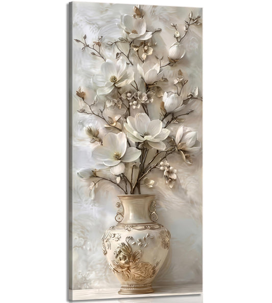 Large White Floral Canvas Wall Art Gold Vase Flower Painting Picture Wall Decor Flowers Botanical Poster Print Artwork for Living Room Bedroom Hallway Office