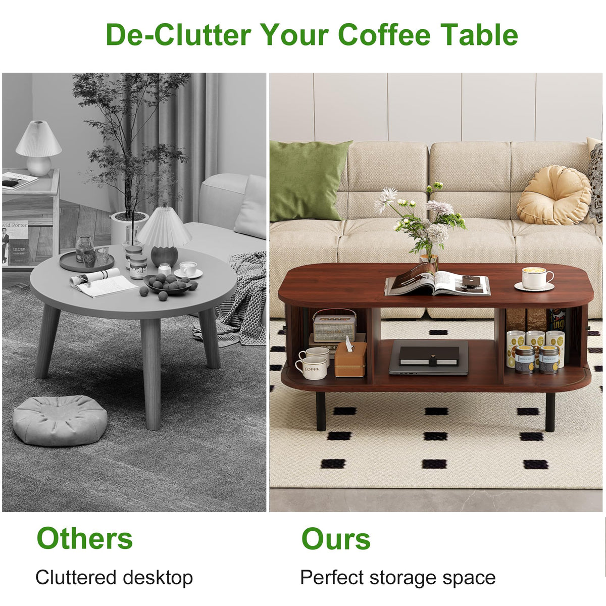 Coffee Table, 39.4" Mid Century Modern Coffee Tables for Living Room, Coffee Table with Storage Open Shelf, Fluted Table with Sliding Cabinet Door, Suitable for Living Room, Home Office, Walnut