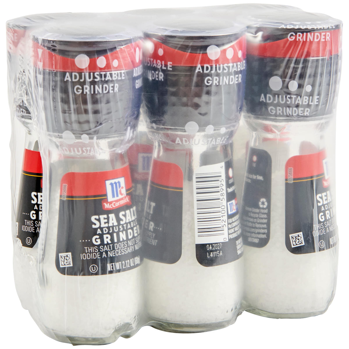 McCormick Sea Salt Grinder, 2.12 oz (Pack of 6) - One 6 Pack of 2.12 Ounce Glass Bottles of Mediterranean Sea Salt, Best for Tabletop Use