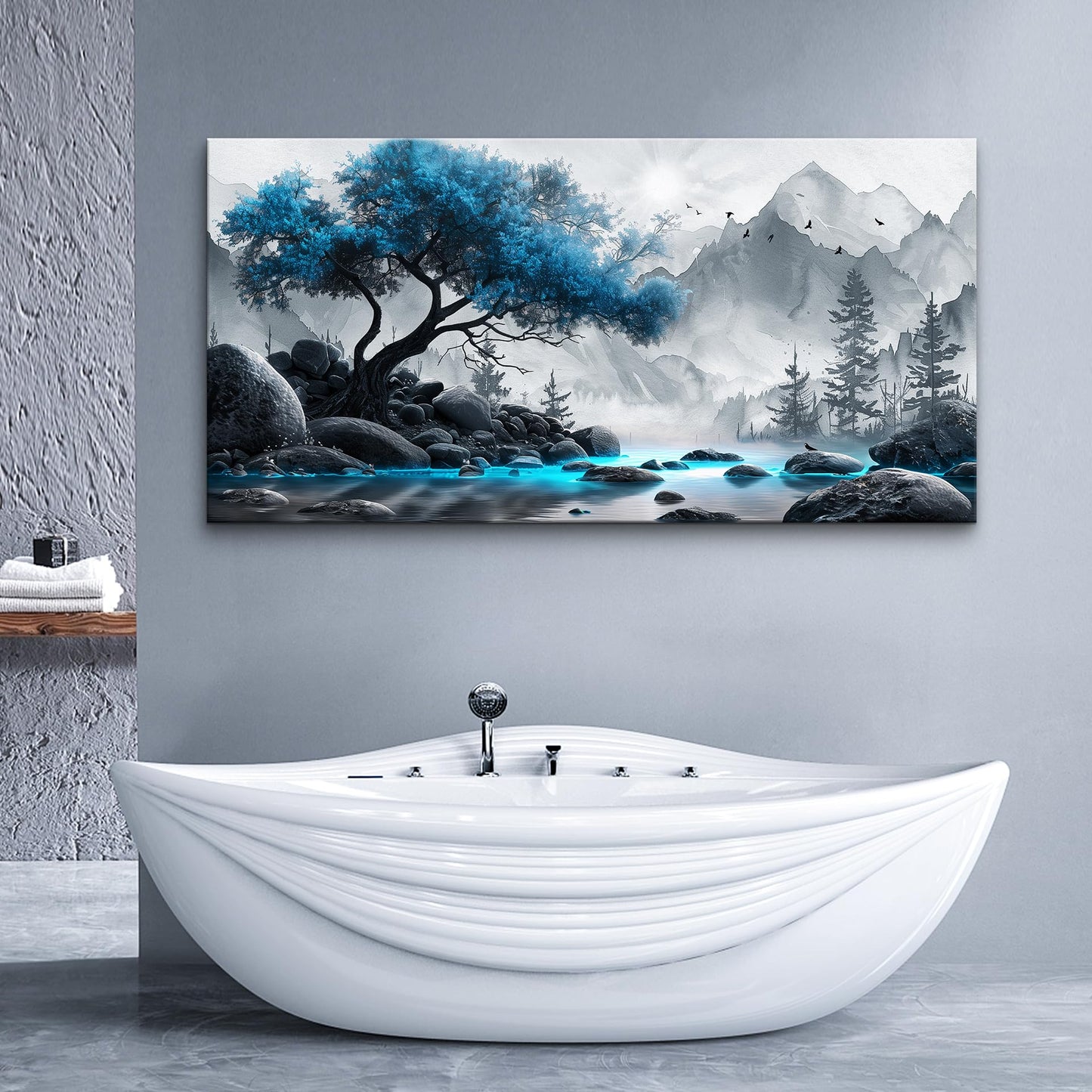 Lapremoly Black And White Wall Painting Canvas Art For Living Room, Office, Bedroom - Blue Tree Landscape Pictures - Hotel Artwork Posters - Family Home Wall Decoration