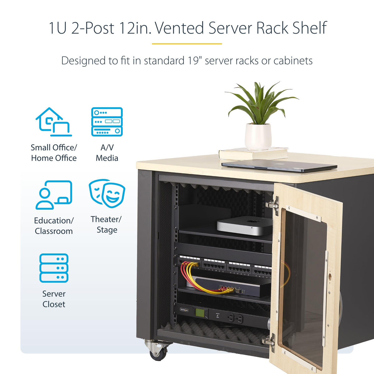 StarTech.com 1U Vented Server Rack Shelf, 12in/31.5cm Mounting Depth, for 19" Rack/Cabinet, SPCC Steel, Max 25lb/11.3kg
