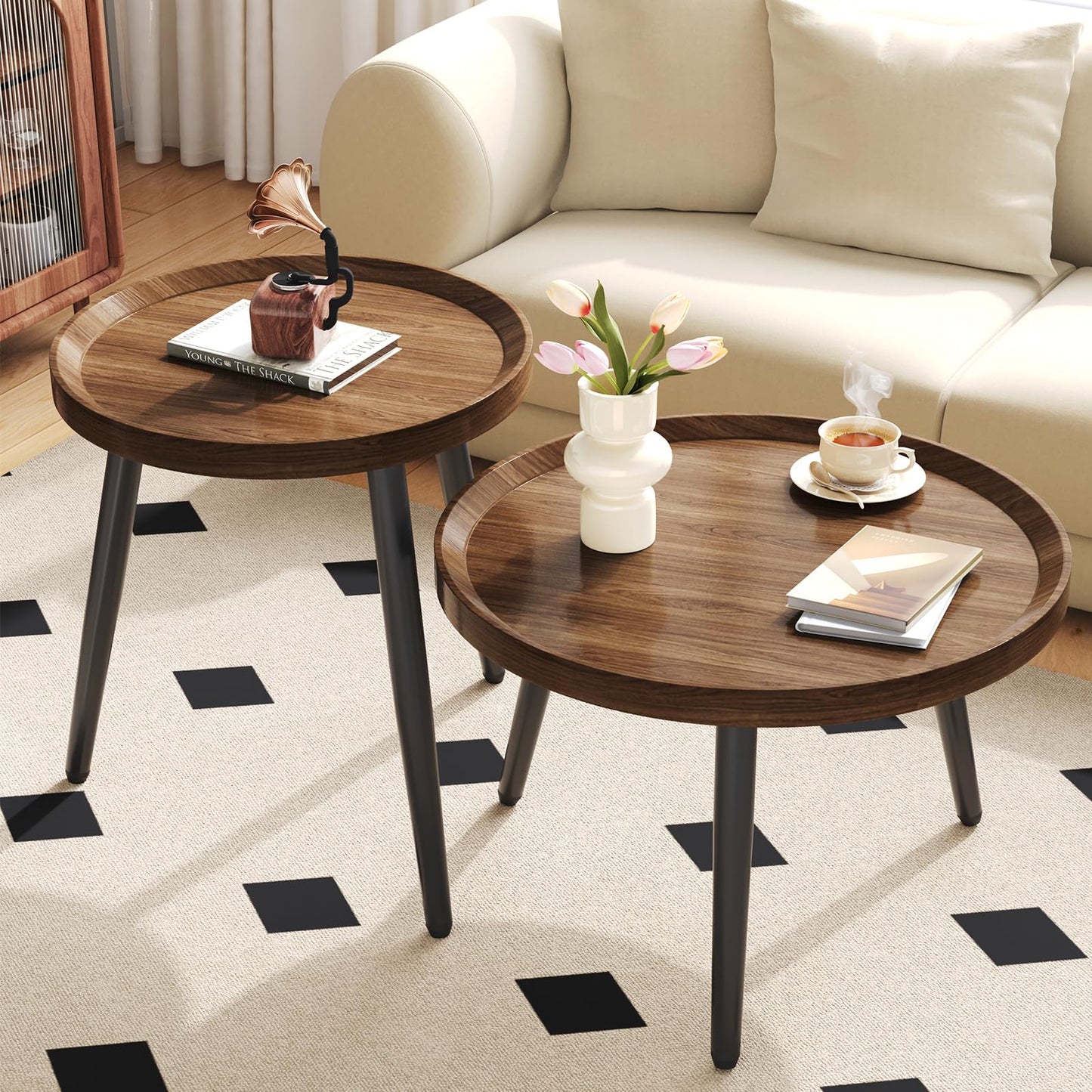2 PCS Small Round Coffee Table Set, Mid Century Modern Coffee Tables for Living Room, Walnut Nesting Tables for Small Spaces, Easy Assembly Circle Wood Center Table,Black Nesting Coffee Table Set of 2