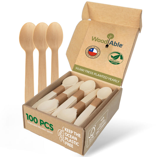 Disposable Wooden Cutlery Set - 100% Home Compostable - 100 Spoons 6.5", Bamboo Utensils Alternative, Eco-Friendly, Organic, Sustainable and Carbon Neutral Certified