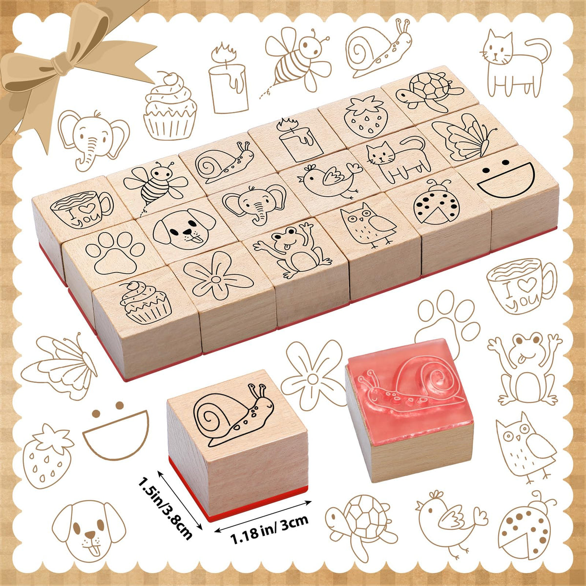 MotiMind 18 Pcs Cartoon Pattern Wood Stamps Set Wooden Rubber Holiday Stamps for Card Making Decoration and Scrapbooking Supplies