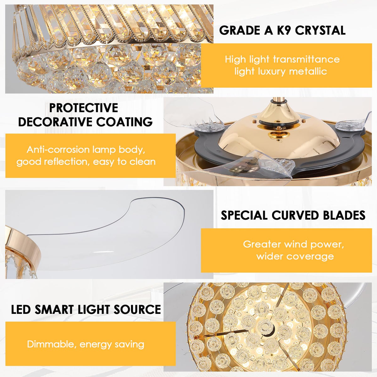 Asyko 48" Golden Crystal Ceiling Fans with Lights and Remote and APP, Modern Retractable Blades Ceiling Fan with 3 CCT for Living Room,Dining Room, Kitchen, Reversible