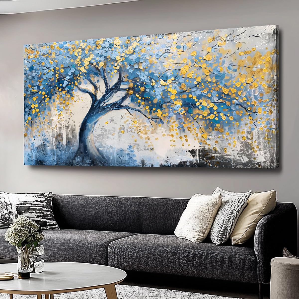 Wall Art Tree of blue Life Abstract Canvas Painting Textured Picture, Modern Landscape Artwork Framed for Living Room Bedroom Bathroom Office Home Decor 40x20in