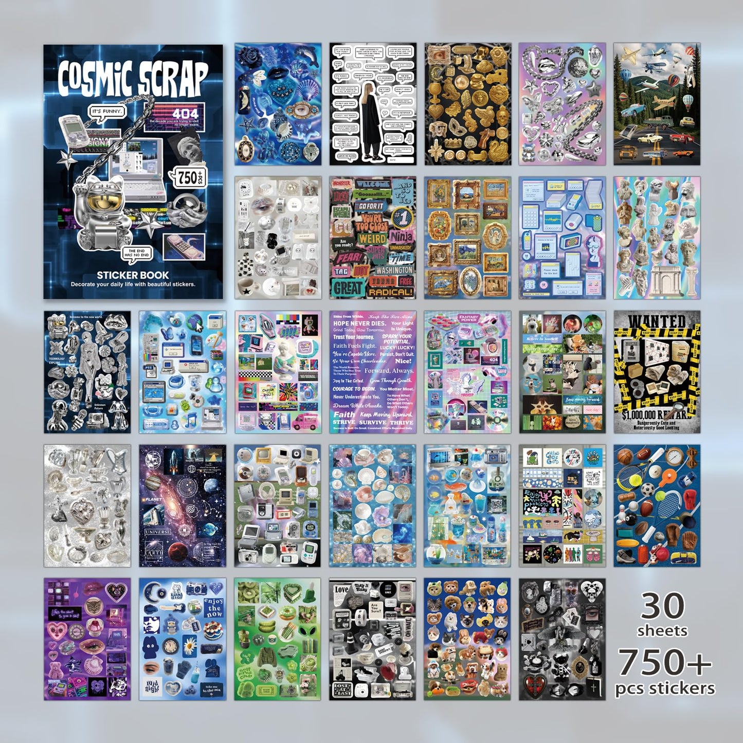 Bomichi Cute Sticker Book, 30 Sheets 750+ Pcs Y2K Vintage Aesthetics Stickers for Scrapbook Junk Journal Bullet Journal DIY Craft Card Making