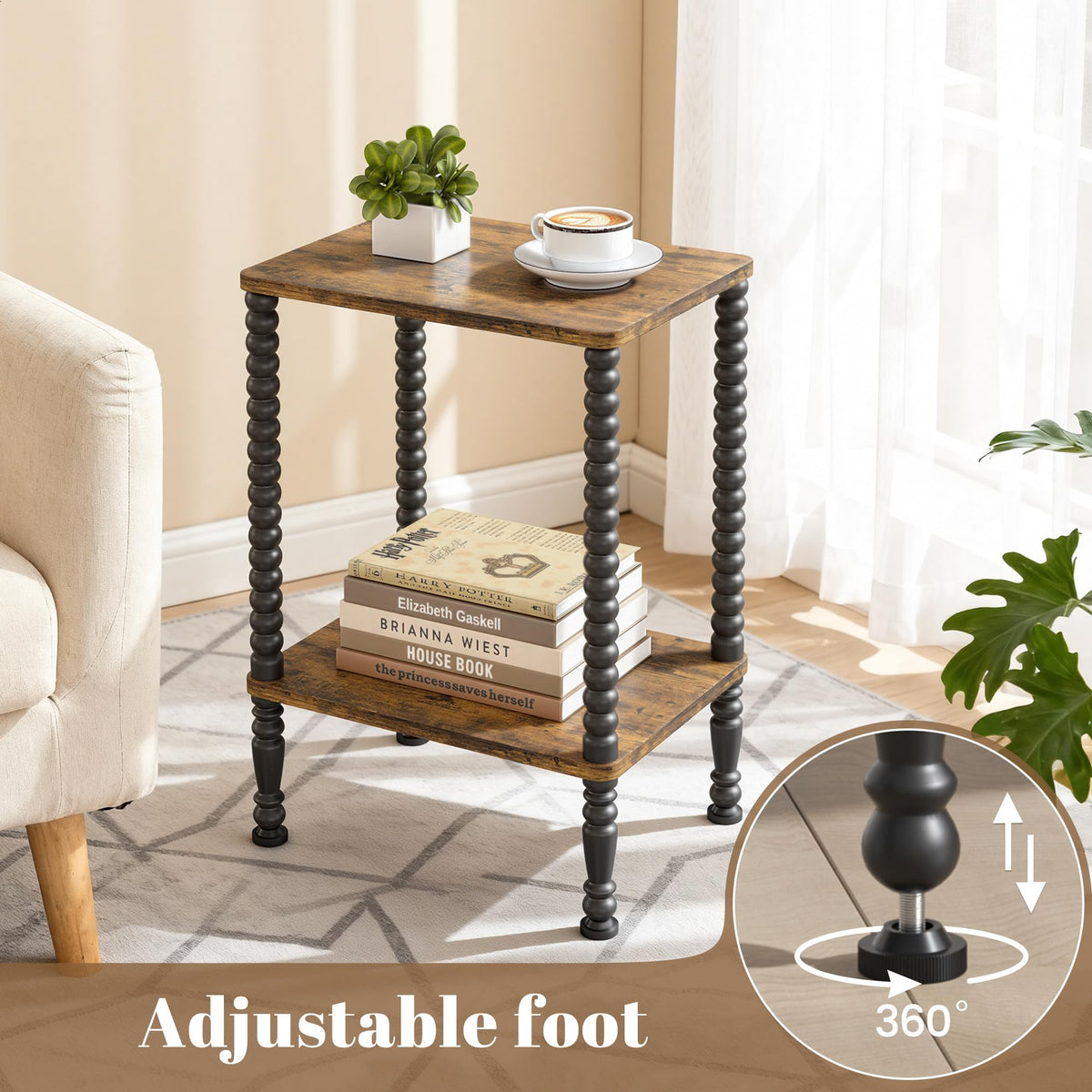 Homedawn Side Table, Small End Table, 2-Tier Nightstand with Storage Shelves, Coffee Table for Small Spaces, Curved Design, Sofa Table for Living Room, Bedroom, Rustic Brown and Black