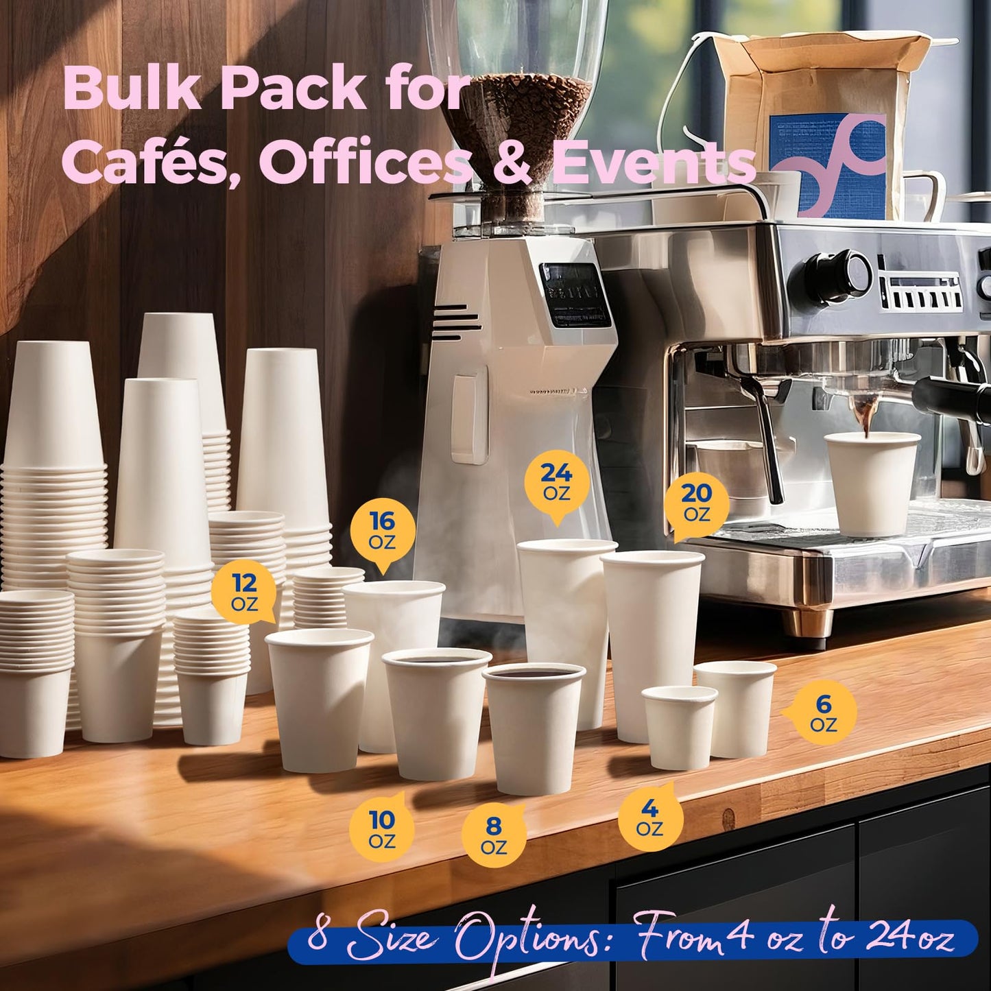 Fit Meal Prep 100 Pack 12 oz Disposable Paper Coffee Cups, Premium Hot Cups for Hot/Cold Beverage, Durable Thickened White Paper Cup Bulk for Party, Office, Bussines, Cafes, Bistros, Daily Use