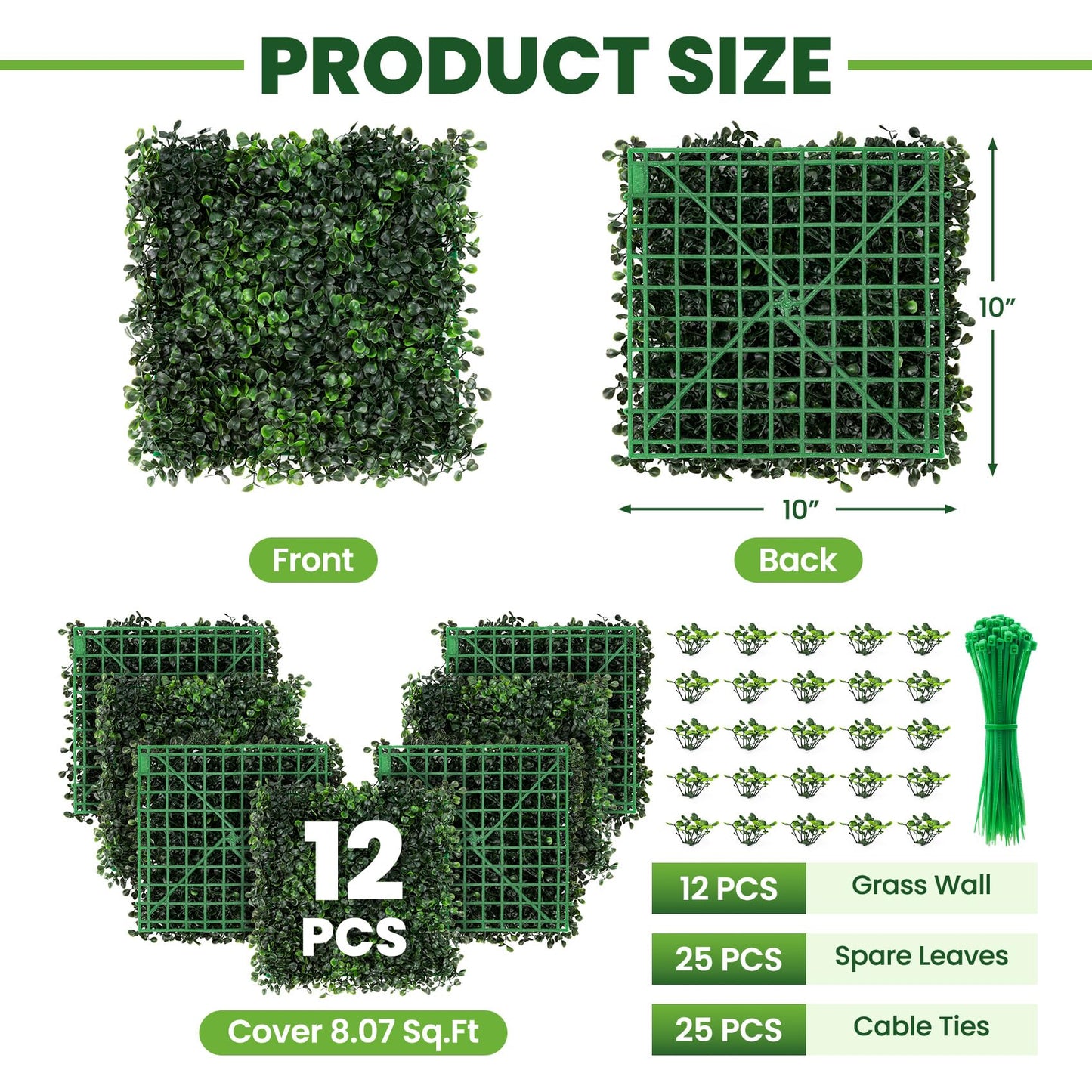 Ticanros Grass Wall 12 Pack 10"x10" Artificial Boxwood Hedge Wall Panels, Privacy Hedge Screen Faux Boxwood for Outdoor,Indoor,Garden,Fence,Backyard,Greenery Walls
