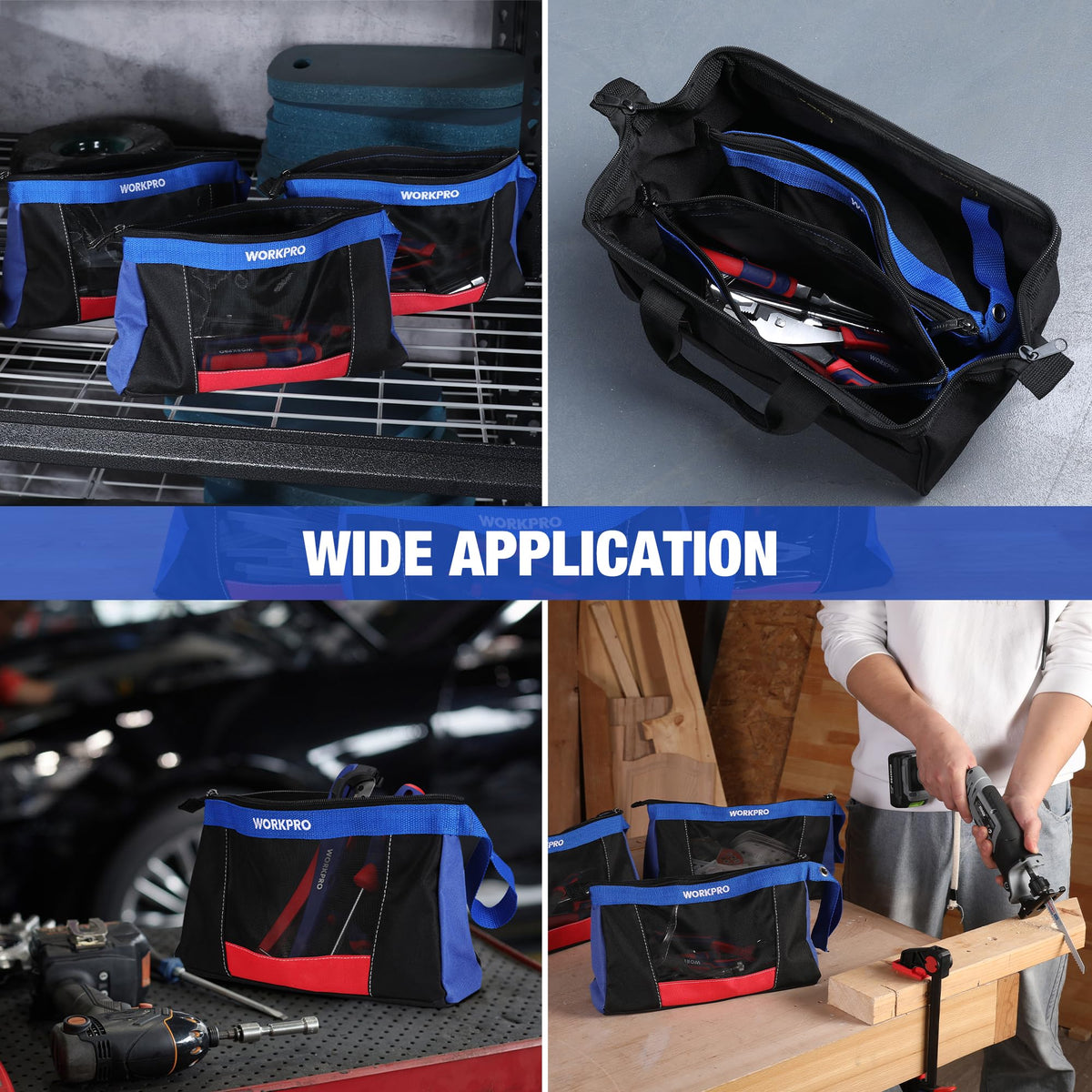 WORKPRO 12" Tool Pouches with Zipper, Heavy-Duty Small Tool Bag, Utility small tool pouch for Tool Organizers and Storage, Mini Tool Bag, 3 Pack