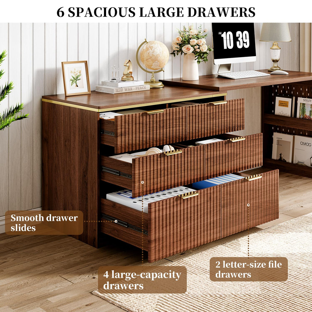 Ieejdn L Shaped Standing Desk,47" Home Office Desks, Executive, Farmhouse Computer Desk with 6 Drawers File Drawer, Rustic Computer Writing, Walnut