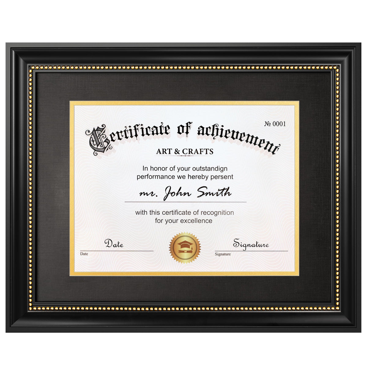 Yaetm 11x14 Diploma Frame, Certificate Frame with Tempered Glass, Display 8.5x11 Document with Black Over Gold Acid-free Mat, Degree Frames for Wall and Tabletop, Black with Gold Beads, 1 Pack