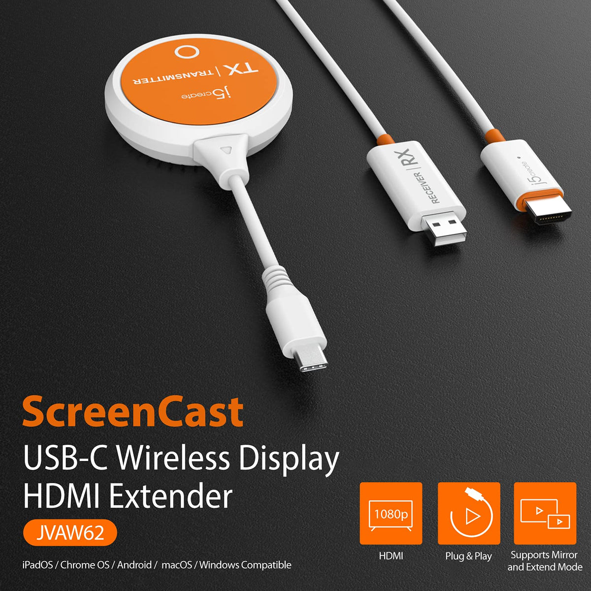 j5create ScreenCast USB-C to HDMI Wireless Display Transmitter and Receiver, Supports 1080p, Suitable for iPhone15, MacBook, iPad Pro, Chromebook, USB-C Laptops, and Android (JVAW62)