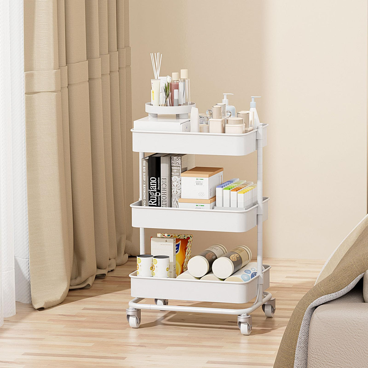 Orchidleaf 3-Tier Modern Metal Rolling Utility Cart with Silent Casters, 15.35x11.81x23.74 inch Heavy Duty Organizing Cart Trolley Organizer for Office, Living Room, Kitchen，(White)