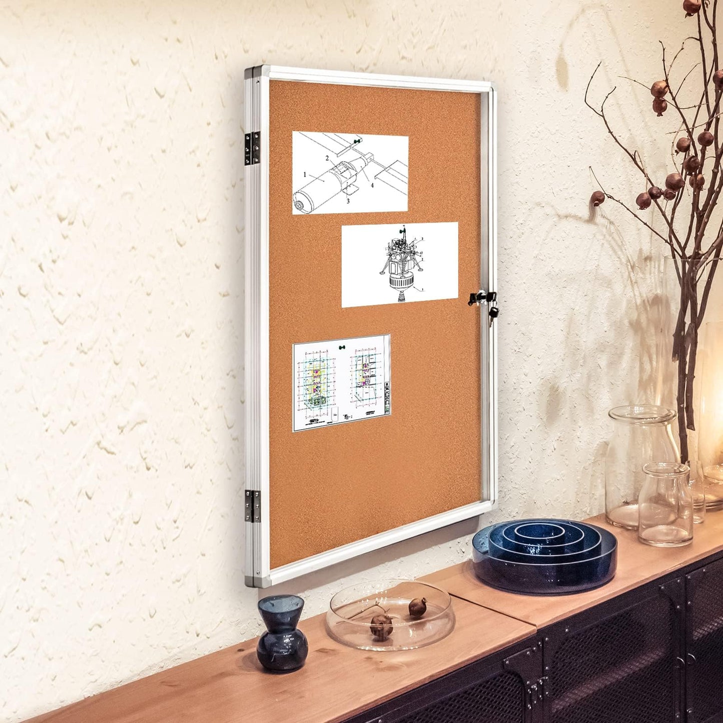BIBOC Enclosed Bulletin Board,Lockable Cork Noticeboard with Aluminum Frame, Secure Display Case for School Office,Wall Display Case with Lock (Cork, 24×36 inches)