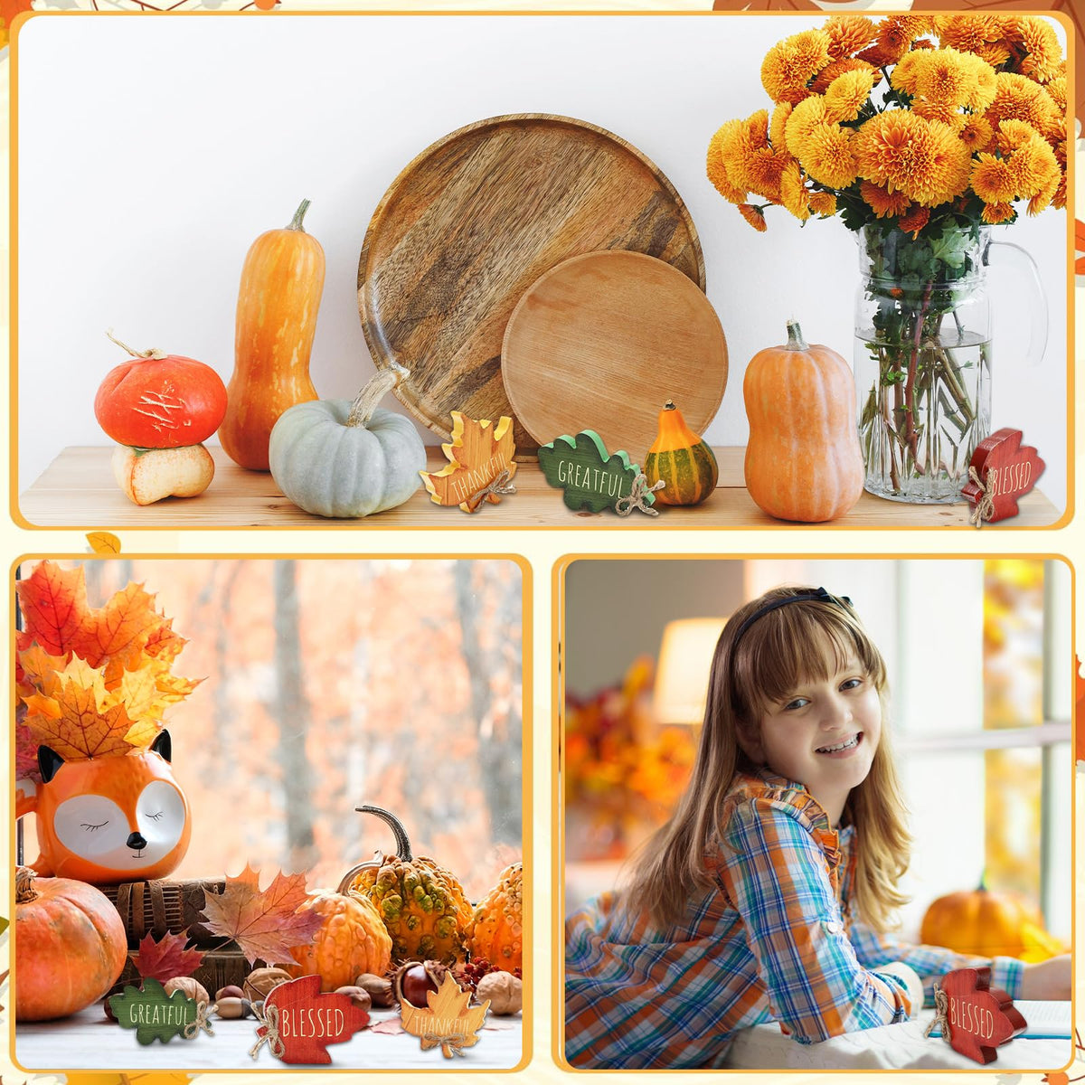 FYSUIMU 3 Pcs Fall Leaves Wood Table Sign Maple Leaf Thankful Tiered Tray Decor Thanksgiving Table Centerpieces Blessed Grateful Wooden Blocks for Autumn Home School Office Desk Decor