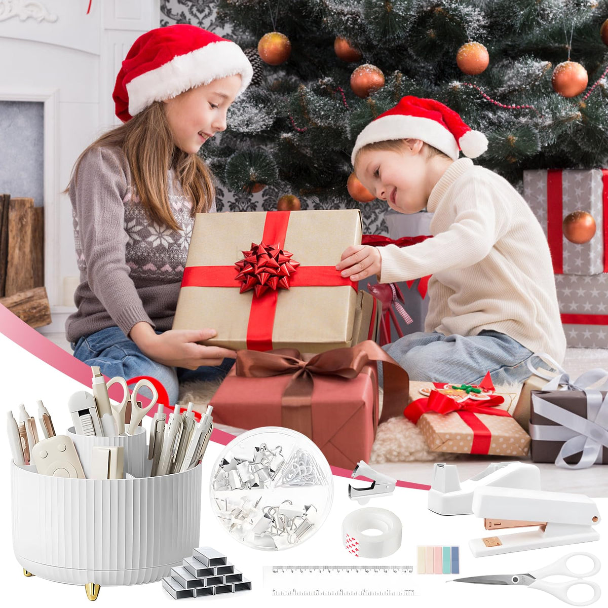 11 Pcs White Desk Accessories, 360 Degree Rotating Pen Holder Set with Stapler Set, Tape Dispenser Set, Scissor, Paper Clips Kit, Pen, Ruler & Sticky Tabs for Office School Home (White)