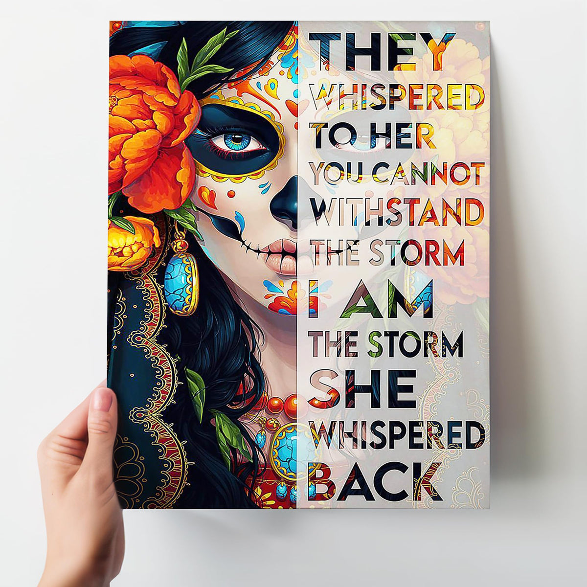 Sugar Skull Mexican Wall Art 11x14 - I Am The Storm Inspirational Quote - Day of the Dead Dia De Los Muertos Decor - Motivational Gifts for Women Home Office Bedroom - Unframed