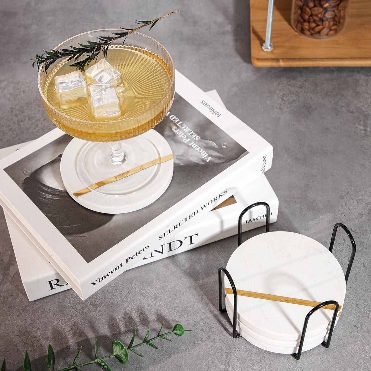 LiWiBet White Marble Coasters for Drinks with Holder Set of 4, Round Stone Coasters 3.94 Inches Elegant for Home Bar & Coffee Table Accessories Office Kitchen & Dining, Home Decor & Protection