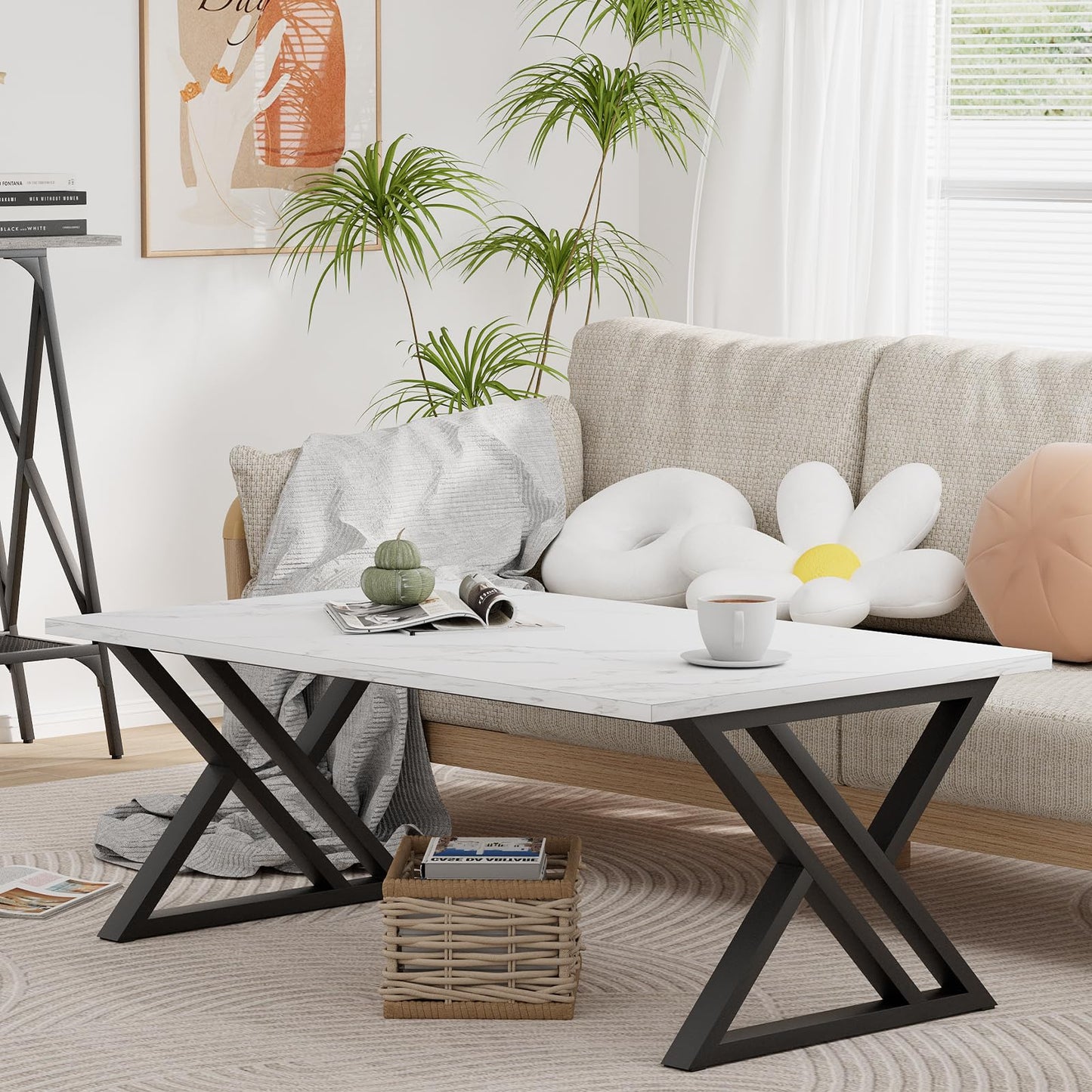 Wolawu Coffee Table White Living Room Center Table, Simple Modern Faux Marble Rectangular Tea Table with Sturdy Black Metal Frame,Industrial Wooden Coffee Table for Bedroom Home Office