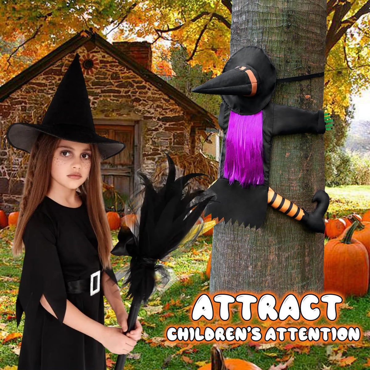Qivine 39.4" Crashing Witch Halloween Decoration, Flying Crashing Witch into Tree, Halloween Outdoor Decor with Durable Nylon, Flying Witch on Broom Colliding for Yard Garden Porch Tree