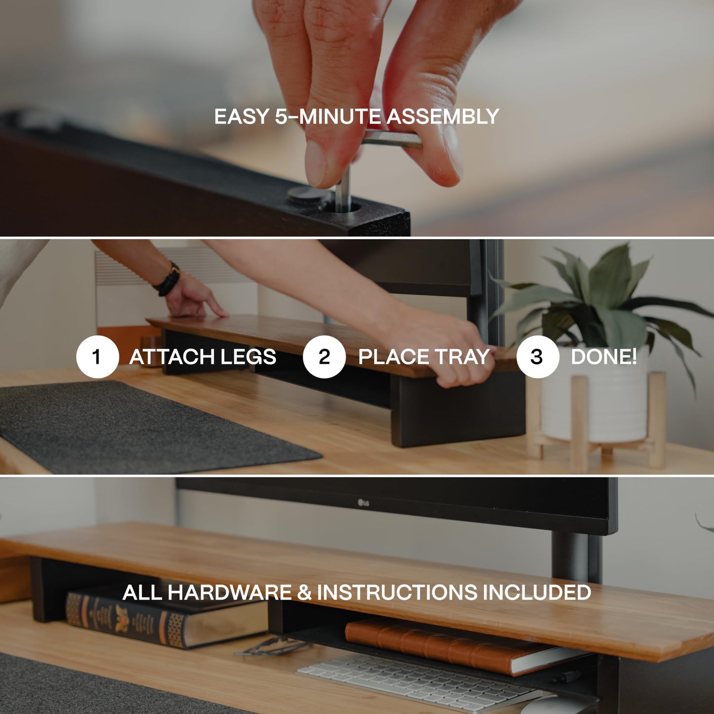 COREMINDED Solid Wood Dual Monitor Stand Riser – 43" Oak Desk Shelf for 2 Monitors with Tray & Wool Felt, Organizer for Desktop, Laptop and Office (Solid Oak)