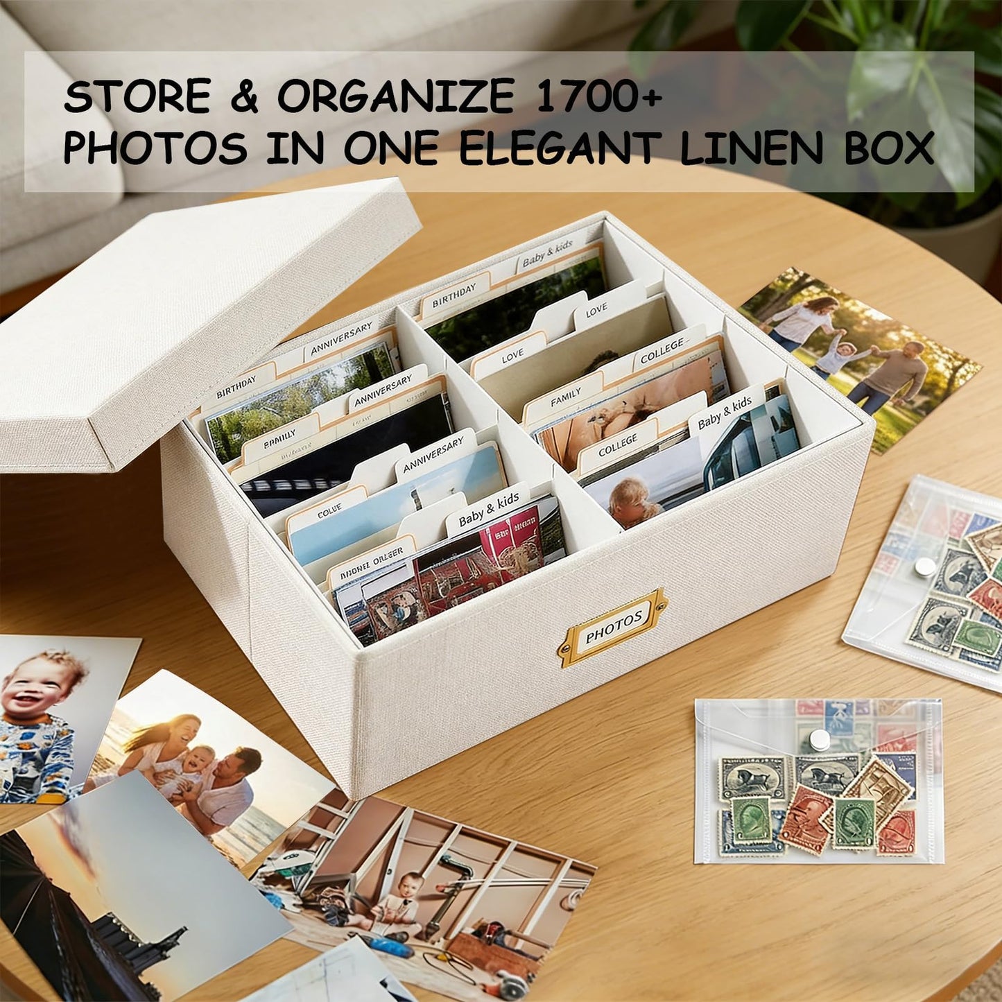 LEARNIBEE Decorative Photo Storage Box, Sturdy Linen Photo Organizer with Dividers & Envelopes, Holds Up to 1700 Pictures and 4x6 Photos, Keepsake Storage for Photos, Scrapbooks & Cards
