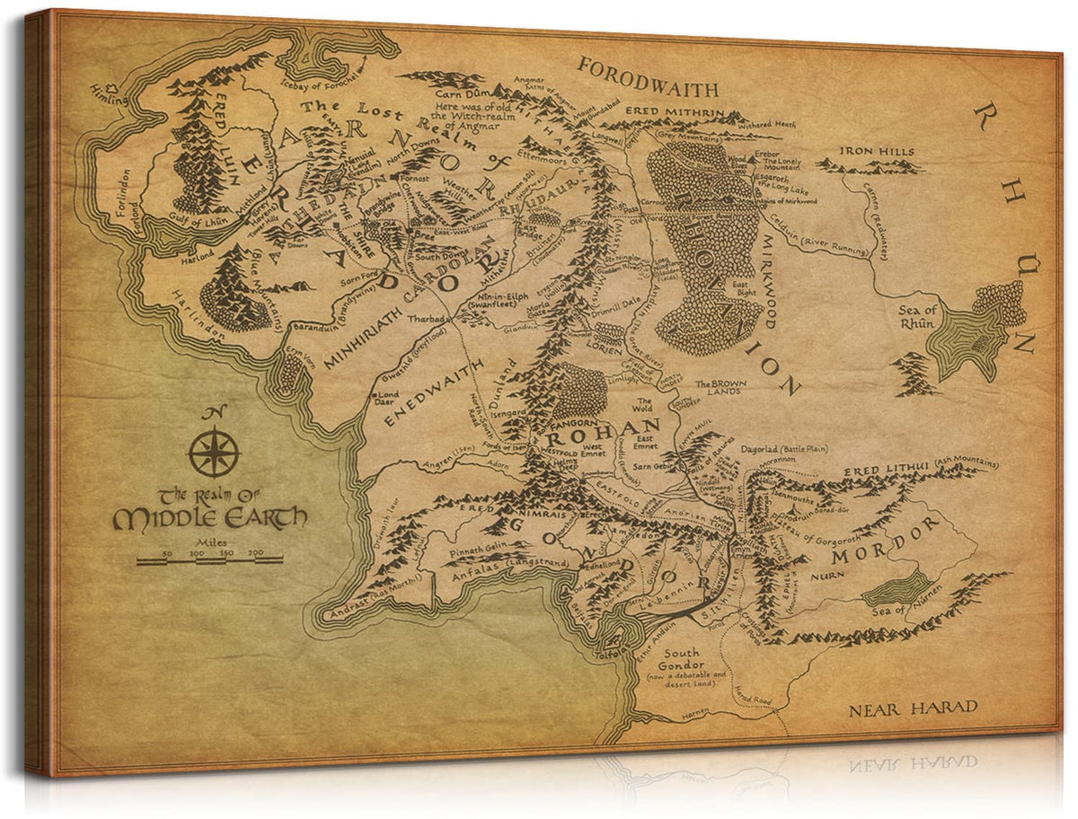 Mistyefly Middle Earth Map Wall Art Canvas Print - Fantasy Map of Middle Earth - 12''H x 18''W with Inner Wooden Frame - Lightweight & Easy to Hang - Perfect for Bedroom, Game Room Decor