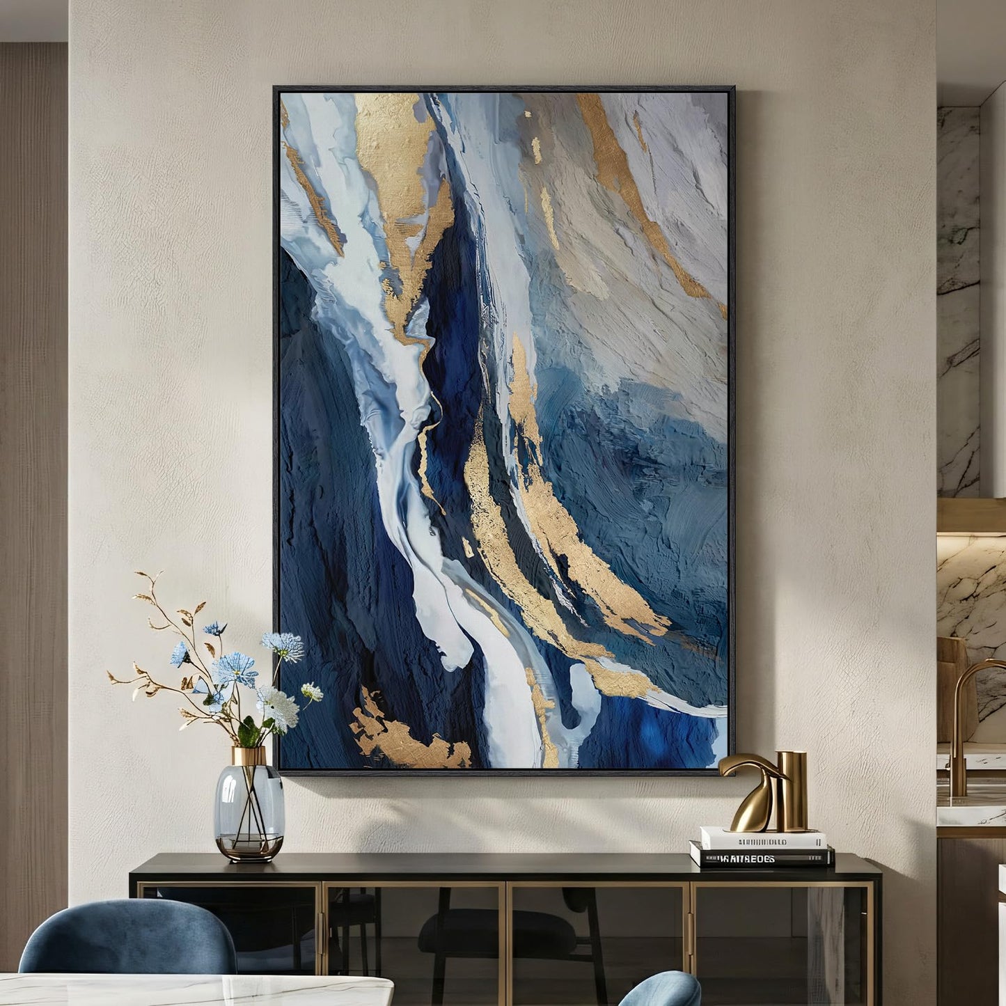 Extra Large Framed Blue Abstract Wall Art for Living Room, 40x60 In Oversized Blue and Gold Modern Canvas Prints Paintings, Big Vertical Navy Blue Pictures for Hallway Dining Bedroom Office Wall Decor