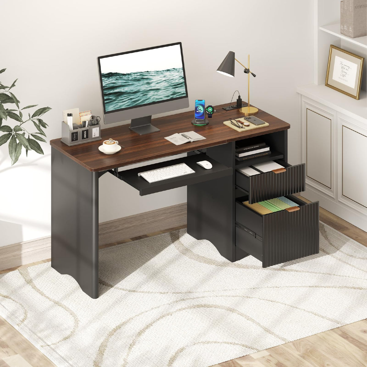 Bestier Computer Desk with Keyboard Tray, 55 inch Office Desk with Power Outlet, Modern Home Office Desk with File Drawer (Walnut with Black, 55" W with Single-Sided Drawers)