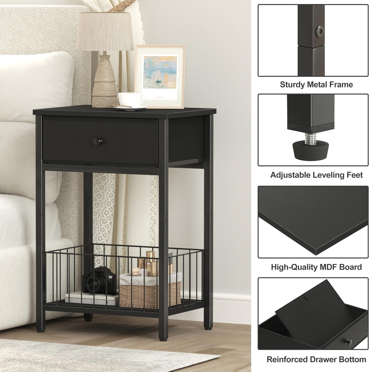 VAFEKOL Nightstand with PU Leather Front Drawer, 3-Tier End Table with Bottom Mesh Basket, Industrial Bedside Table for Small Spaces, Black