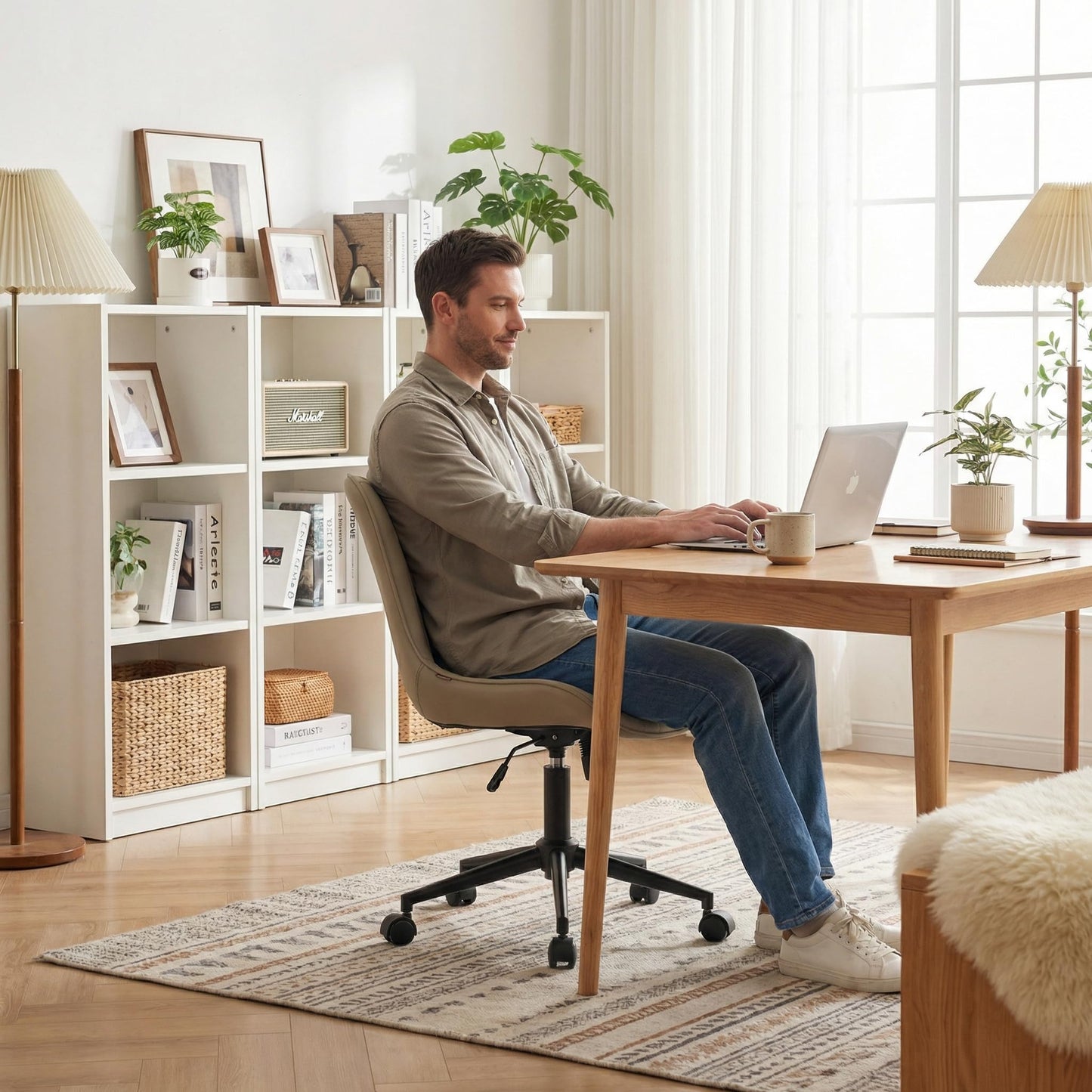 YOUNIKE Office Chair, Desk Chair with Wheels, Home Office Computer Task Chairs, Modern Faux Leather Padded Vanity Chair, Adjustable Swivel Armless Office Chairs with Back, Khaki
