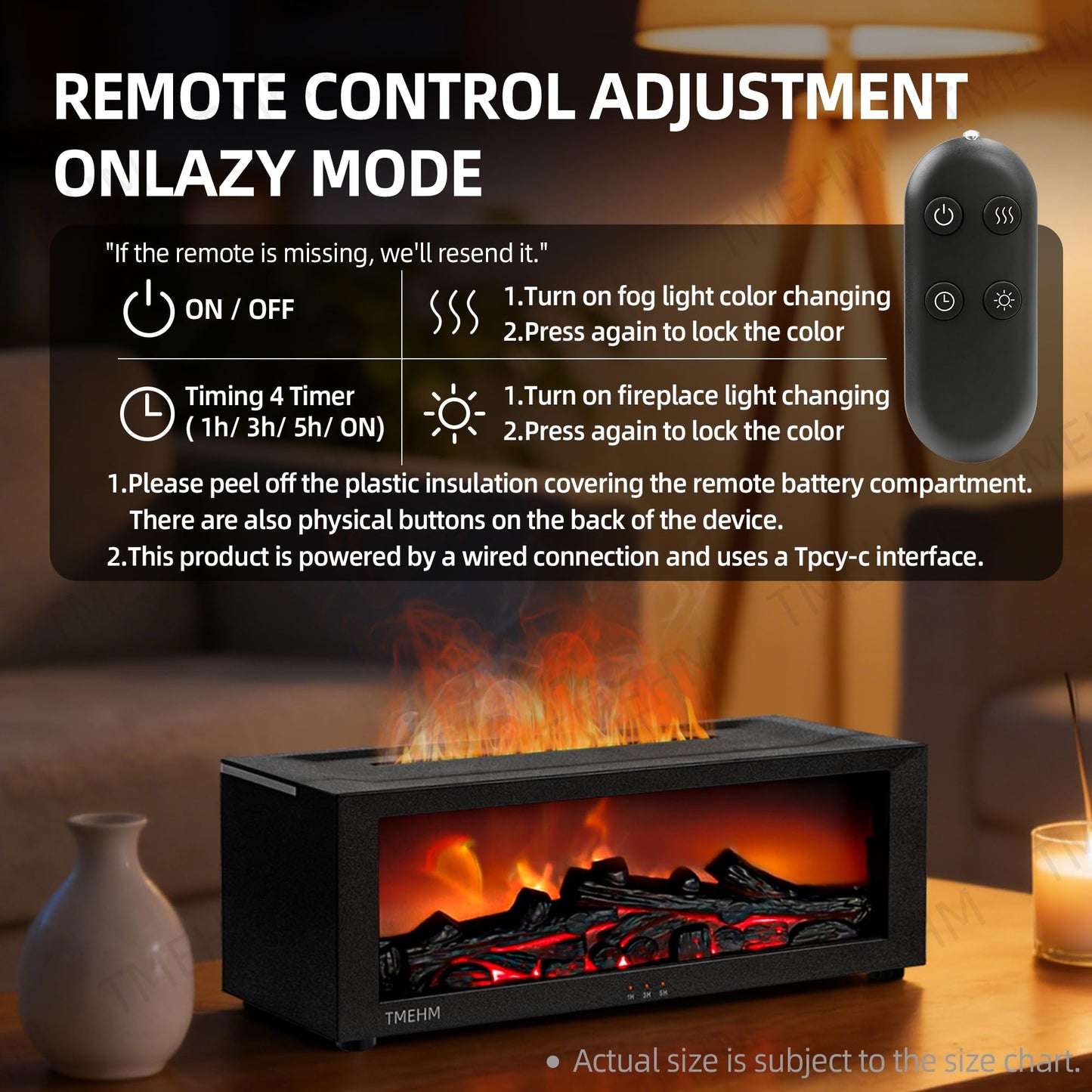 TMEHM Fireplace Flame Air Diffuser Humidifier,7 Colors Aromatherapy Essential Oil Diffuser,Ultrasonic Aroma Humidifier with Timer for Home,Bedroom,Office,Yoga (Black, L)