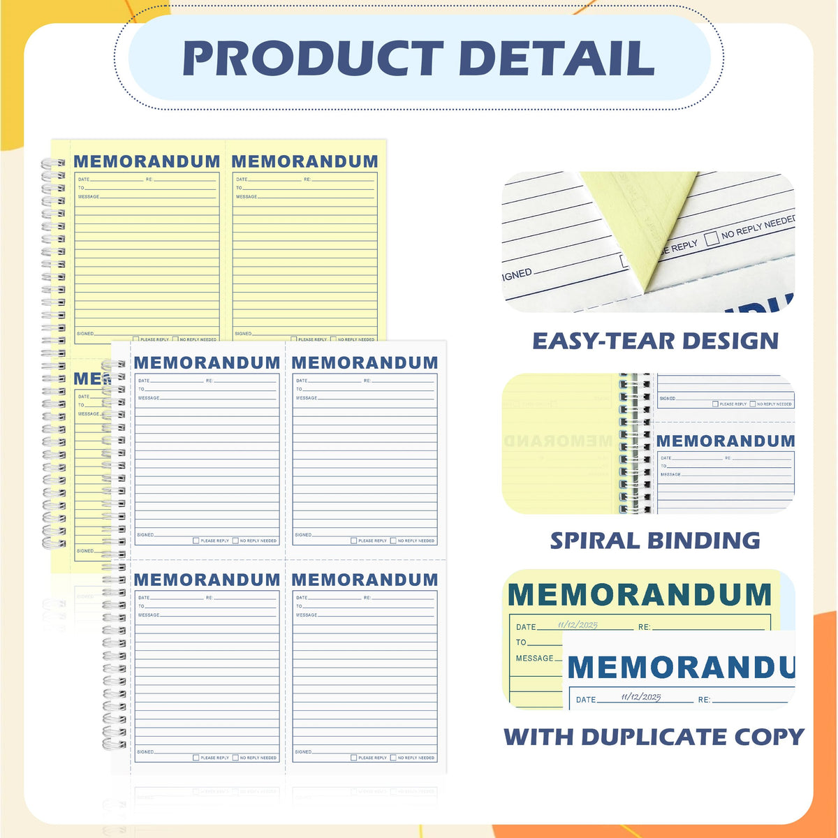 LKTHSEEK Memorandum Forms Book 200 Sets Carbonless 2-Part Duplicate Memo Book 8.5x11 Inches Spiral Bound With Tear Off Line Suitable For Office Or School