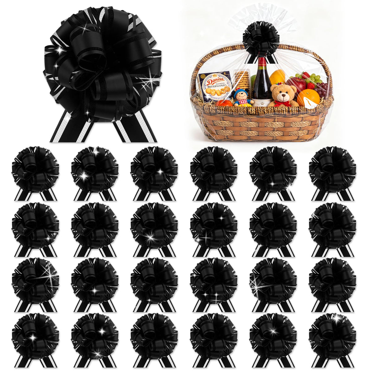 OULOVECO 24pcs Black Pull Bow for Gift Wrapping Basket Xmas Matte Gift Bows Presents Wrap Ribbon Bow for Christmas tree ornament Wine Bottles Bouquet Flower Valentine's Day Party Decor(Black-CC)