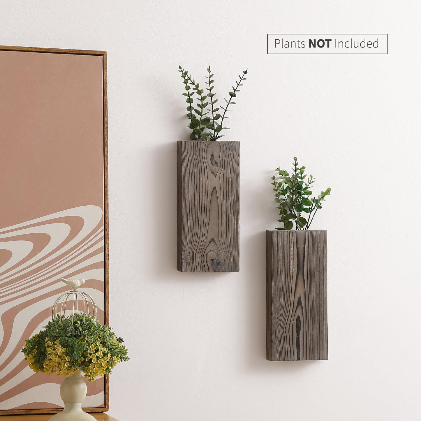 Wood Wall Planter Set of 2, Wood Wall Pocket for Greenery and Dried Flowers, Indoor Wood Hanging Vase, Modern Farmhouse Wall Decor for Living Room Bedroom Office Eucalyptus Stems Decorations (Grey)
