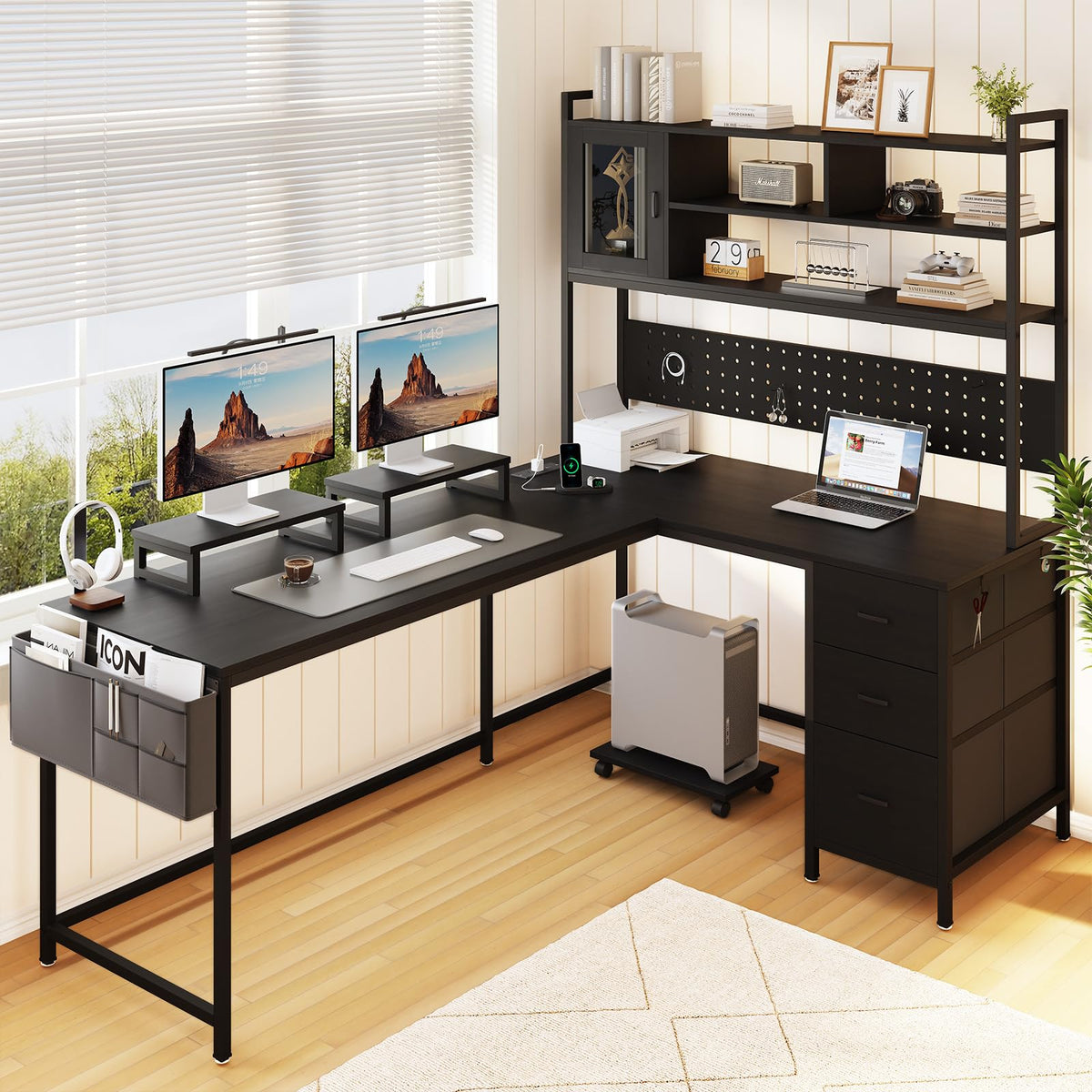Lazmvlz L-Shaped Computer Desk with Charging Station and Light Strip, Gaming Desk with Pegboard & Storage Shelves, Corner Table with 3 Drawers, Monitor and Computer Tower Stand for Home Office, Black