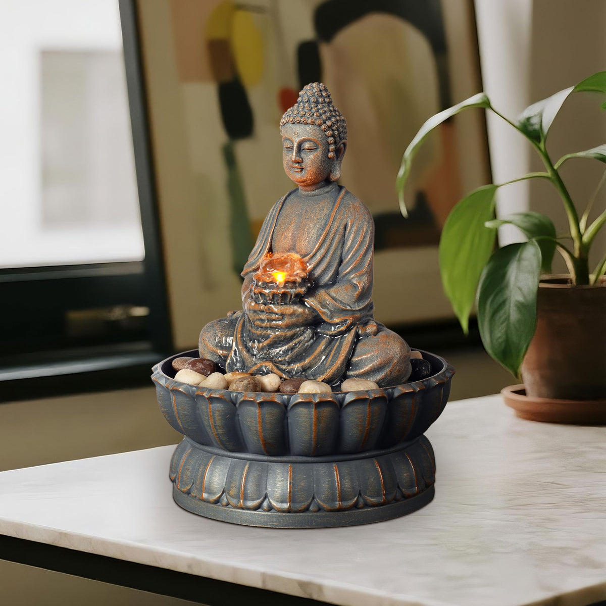 Kalona Home Décor 9.6" Tabletop Fountain Exquisite Smile Sitting Buddha Fountains Desk Water Fountain Decorative Zen Fountain w/Reflective Lighting/Cobblestone Office and Home Decor(21125A)
